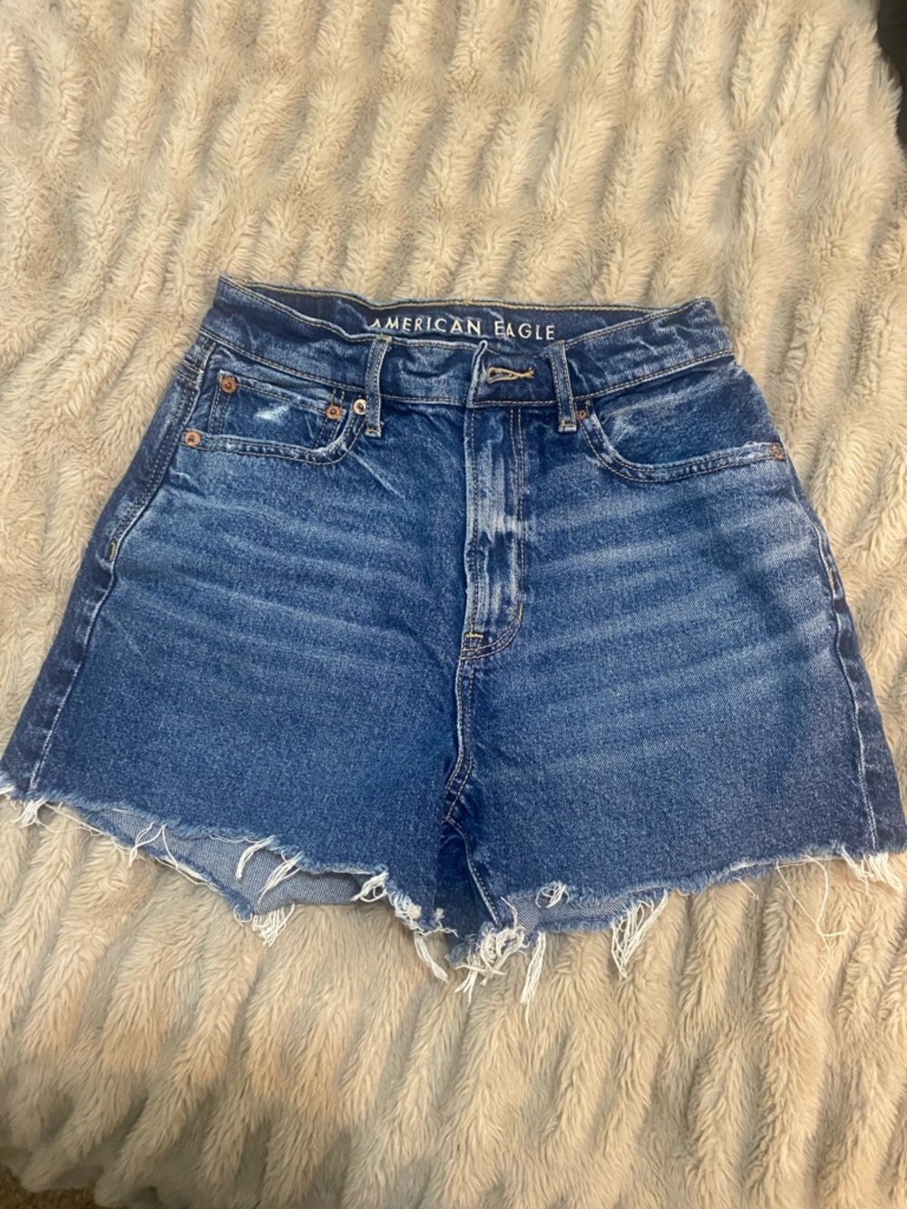 American Eagle Outfitters Blue High-Rise Frayed Hem Jean Shorts